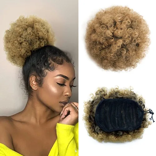 Miniatura 11 de Yinmei Baibian Extensiones de Cabello Sintéticas de Moño con Cordón Afro Rizado Crespo Degradado Marrón Tamaño Grande Peinado Recogido para Mujeres