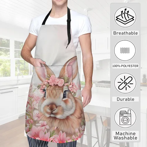 Miniatura 3 de Floral Bunny Apron Cute Rabbit in Pink Blossoms Artwork Aprons Waterproof Oxford Polyester Adjustable Pockets Design