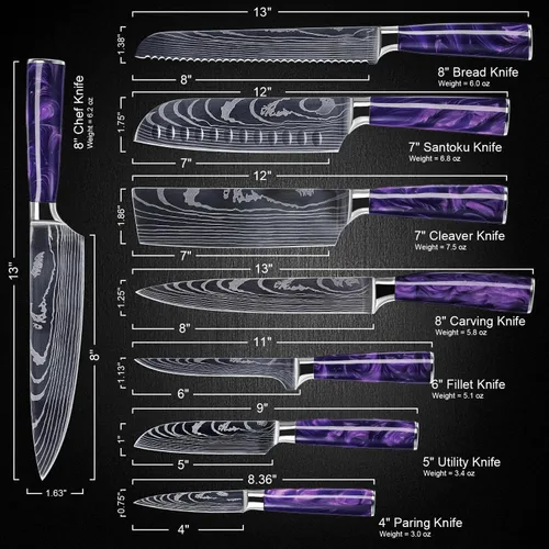 Miniatura 7 de Juego de 8 cuchillos japoneses SENKEN con mango de resina púrpura y patrón láser damasceno - Colección Amatista - Cuchillo de chef, cuchillo