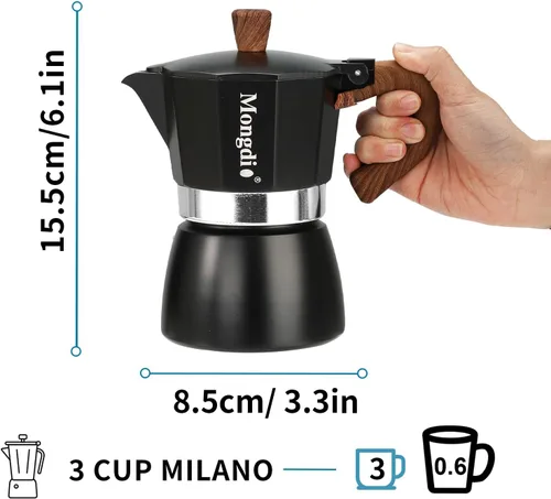 Miniatura 4 de Mongdio Cafetera de café expreso Moka Pot, cafetera cubana, cafetera de estufa Moka Italian Espresso Greca, cafetera percoladora, 3 tazas de Negro
