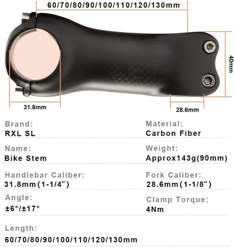 Miniatura 2 de RXL SL MTB vástago de carbono MTB vástago de fibra de carbono vástago de bicicleta de carretera 70 1.252 in Racing Bike Manillar vástago 6 grados