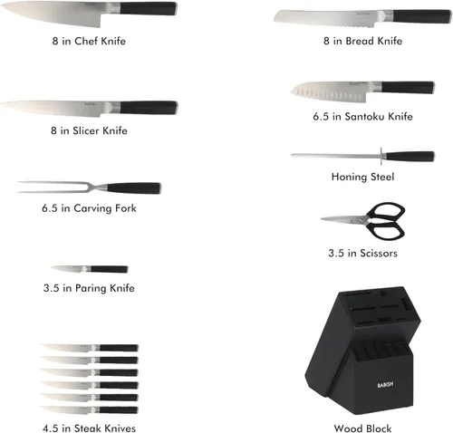 Miniatura 3 de Babish - Juego de cubertería de acero alemán de alto carbono 1.4116, 15 piezas, forjado de espiga completa, con bloque de cocina - Negro Hoja