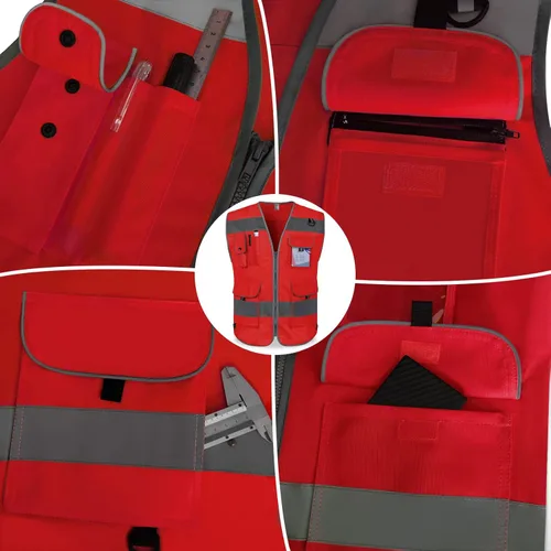 Miniatura 4 de TCCFCCT Chaleco de seguridad rojo para hombres y mujeres, chaleco reflectante de alta visibilidad con 9 bolsillos, chaleco de trabajo con tiras Tela