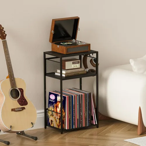 Miniatura 4 de Aduanbang Mesa auxiliar de 3 niveles, soporte para tocadiscos con almacenamiento de hasta 100 álbumes, soporte giratorio para vinilo, estante