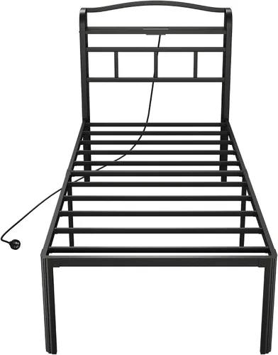 Miniatura 8 de SHOANED Base de cama de metal de 18 pulgadas, base de colchón básica de plataforma resistente de color negro con cabecera y estación de carga,