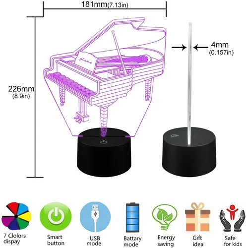 Miniatura 4 de Luz Nocturna de Ilusión 3D AZIMOM con Forma de Piano, 16 Colores Cambiantes, Control Inteligente Táctil, Control Remoto, Ilusión Óptica, Lámpara