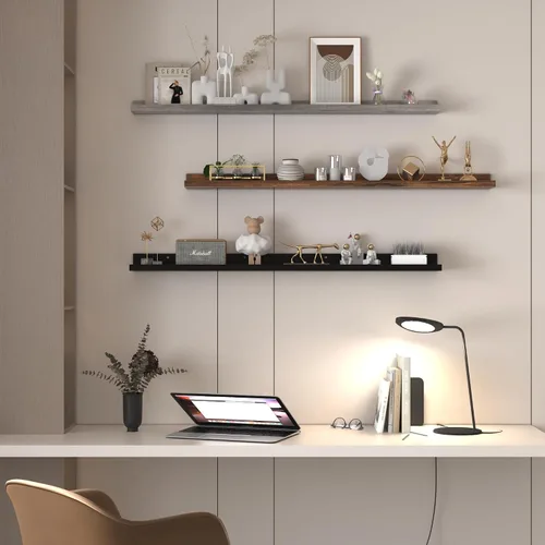 Miniatura 2 de Giftgarden Estantes flotantes de 16 pulgadas montados en la pared, estante de madera de grano de madera beige blanco cremoso para baño, dormitorio