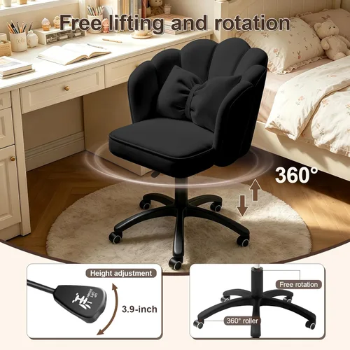 Miniatura 5 de Silla de escritorio Petal con cojín de arco, silla de terciopelo con ruedas, silla tapizada para oficina en casa para niñas y mujeres, sillas Negro