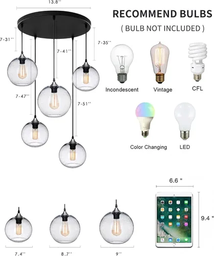 Miniatura 6 de Candelabro de cristal con 5 luces colgantes, moderno, rústico, con burbujas de semillas, globo, accesorios para colgar en el techo, entrada