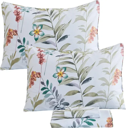 Miniatura 95 de FADFAY Juego de sábanas tamaño King, 100% algodón, elegante ropa de cama de granja con hojas verdes menta y flores blancas, sábana suave