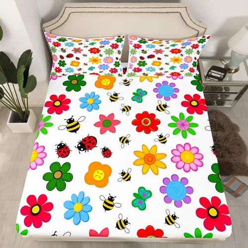 Miniatura 26 de Juego de ropa de cama de flores Groovy de los años 70, sábana bajera ajustable de flores de arco iris para niños y niñas, sábanas de ropa de cama