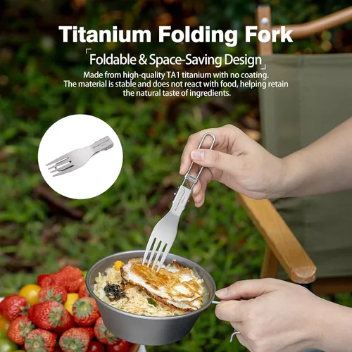 Miniatura 7 de iBasingo Cuchillo de tenedor de titanio con mango plegable, utensilios de vajilla ultraligeros para camping, picnic al aire libre, senderismo