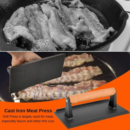 Miniatura 3 de onlyfire Prensa para carne de hierro fundido con mango de madera, ideal para exprimir la grasa de carnes, aplanar tocino, paninis y hamburguesas