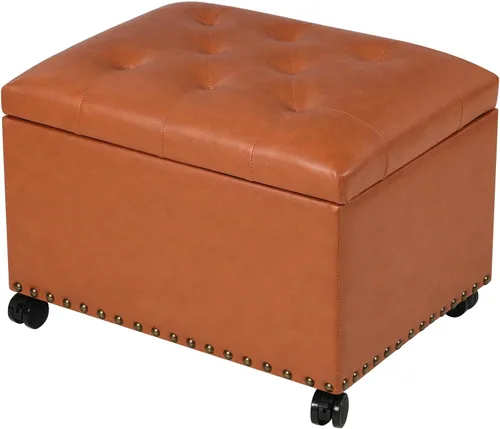 Miniatura 13 de Otomana de cuero con almacenamiento, 24 pulgadas, reposapiés otomanos con tapa con bisagras, taburetes tapizados rectangulares, con cabeza de clavo
