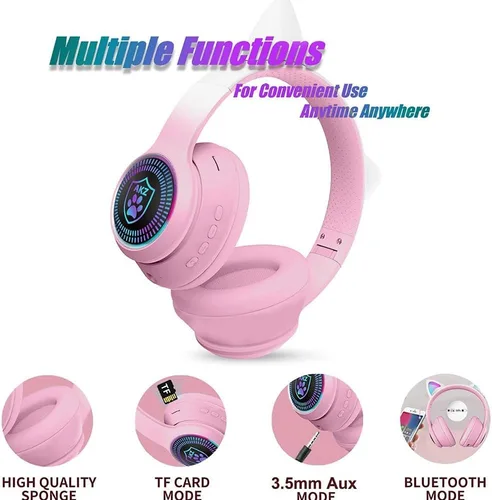 Miniatura 8 de Auriculares plegables inalámbricos Bluetooth 5.1 con luz LED, VIGROS estéreo, música, sonido envolvente con micrófono AUX para PC, pad, móvil