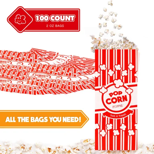 Miniatura 2 de Bolsas de papel para palomitas de maíz Poppy's – 100 bolsas de 2 oz de grado para concesión, accesorios para máquinas de palomitas para bares