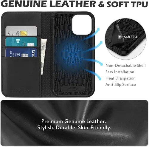 Miniatura 8 de SHIELDON Funda para iPhone 13 Pro Max 5G, Funda de Cartera de Cuero Genuino Magnética Folio a Prueba de Golpes con Soporte Kickstand Portador