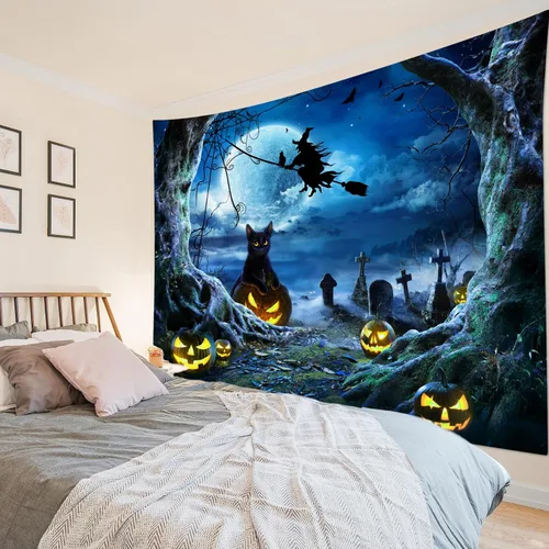 Miniatura 16 de LB Tapiz espeluznante de cementerio de Halloween, lápida aterradora con árboles muertos, tapiz de bosque para colgar en la pared, tapiz de fondo