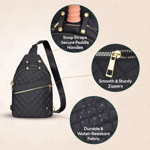 Miniatura 3 de NiHome Bolsa de pickleball para 2 paletas, mochila cruzada de pickleball para mujeres y hombres, correa ajustable, color negro, Negro (actualizado)