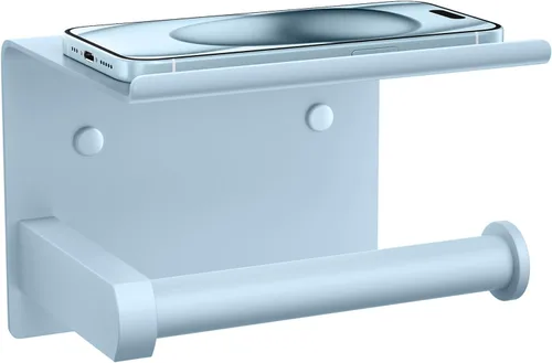 Miniatura 6 de Tindbea Soporte de papel higiénico con estante para teléfono, soporte de pared adhesivo o con tornillos, soporte de rollo de papel higiénico