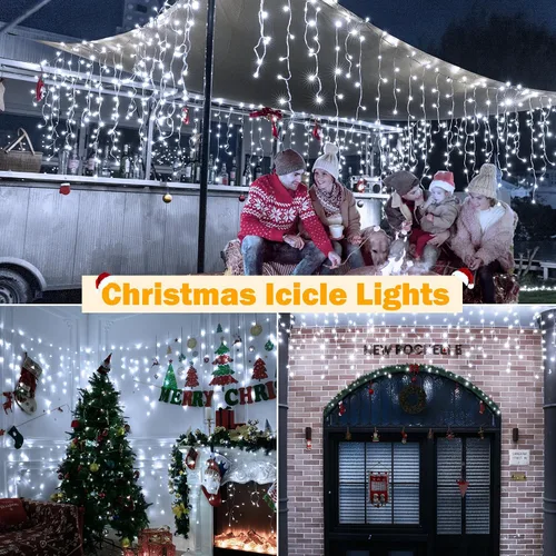 Miniatura 6 de Ollny Luces de Carámbano para Exteriores Blanco Frío, 600LED 49FT Luces de Navidad con Control Remoto 8 Modos Regulables, Impermeable Conectable