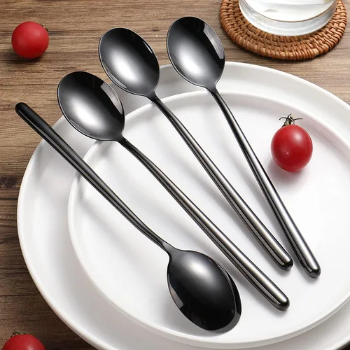 Miniatura 2 de Ouliget Cuchara de sopa negra de acero, cucharas grandes circulares de mango largo, cuchara de sopa coreana de mango largo, 8 piezas, 8.7 x 1.6