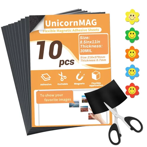 Hojas magnéticas de 8.5 x 11 pulgadas, paquete de 10 hojas magnéticas flexibles con respaldo adhesivo para manualidades e imanes de fotos, adecuadas
