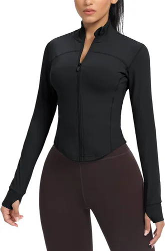 Miniatura 49 de AVGO Chaquetas de entrenamiento recortadas para mujer, con cremallera, ajustadas, atléticas, con agujeros para el pulgar