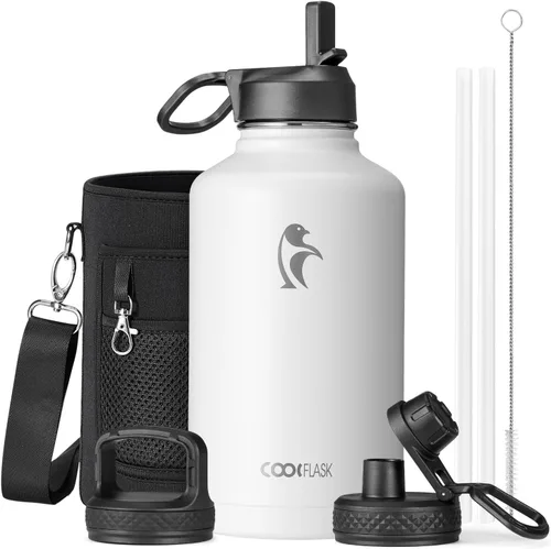 Miniatura 113 de Coolflask Botella de agua de 20 onzas aislada con pajilla, 3 tapas de metal de acero inoxidable, botella de agua de boca ancha para deportes u