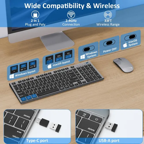 Miniatura 2 de Teclado y mouse inalámbricos, silencioso y silencioso combo de perfil bajo USB C, tamaño completo, compacto con almohadilla numérica plana suave al