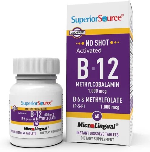 Miniatura 10 de Superior Source No Shot Vitamina B12 Metilcobalamina (2000 mcg), metilfolato, B6 (P-5-P), microlingüe de disolución rápida, 60 unidades, salud