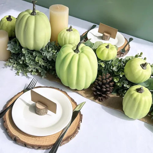 Miniatura 5 de Winlyn 7 calabazas artificiales de cosecha de color verde claro surtidas para Acción de Gracias, Halloween, otoño, mesa de boda, centro de mesa