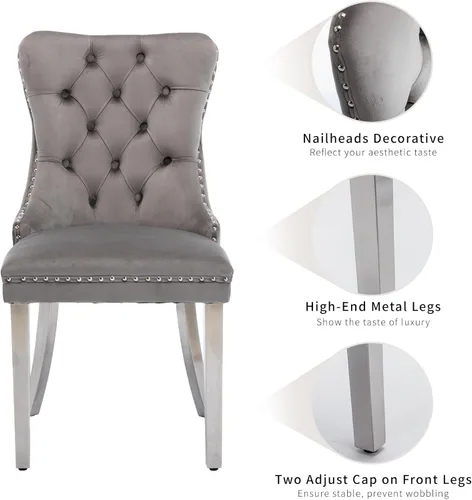 Miniatura 6 de ODUSE-DAILY - Juego de 4 sillas de comedor de terciopelo gris para cocina y comedor, con respaldo alto acolchado, tapizadas en tela, patas de metal
