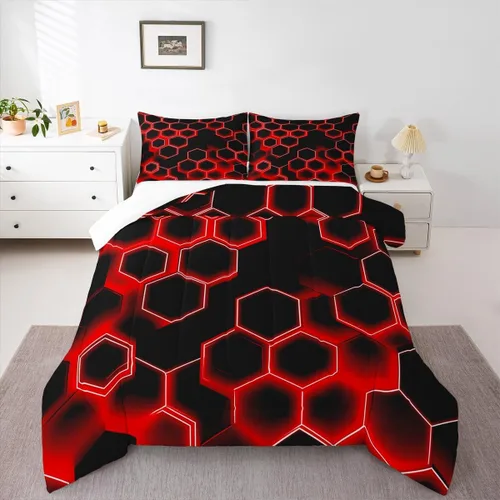 Miniatura 12 de Feelyou Juego de ropa de cama de panal de abeja, tamaño individual, juego de edredón hexagonal verde para niños y niñas, decoración geométrica