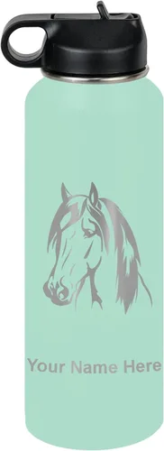 Miniatura 79 de LaserGram Botella de agua personalizada, cabeza de caballo 1, acero inoxidable de doble pared aislada al vacío con popote superior, regalo grabado