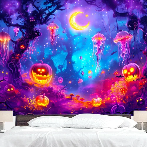 BJYHIYH Tapiz extra grande de Halloween con luz negra para colgar en la pared, tapiz de bosque para dormitorio, sala de estar (90 x 70 pulgadas)
