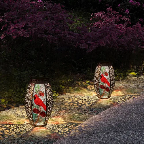 Miniatura 6 de Faroles solares colgantes para exteriores, luz LED cardenal de cristal, impermeable, hueca, decoración de metal, jardín, patio, regalos, mesa