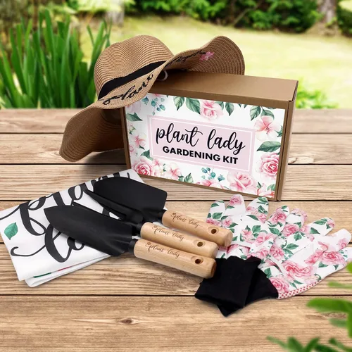 Miniatura 7 de Percozzi Plant Lady - Herramienta de jardinería para mamá, kit de herramientas de jardinería, sombrero de paja, delantal floral, guante para su