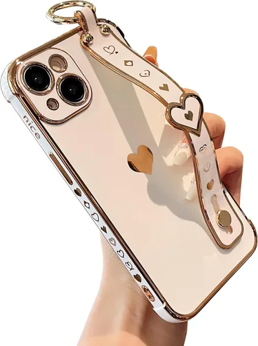 Miniatura 15 de DEFBSC Funda compatible con iPhone 15, con borde galvanizado, diseño de corazón con correa para la muñeca, protección completa de la cámara