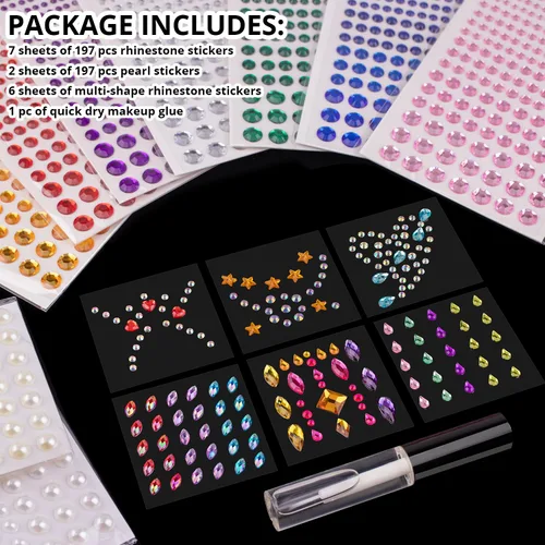 Miniatura 2 de Juego de 15 hojas de diamantes de imitación para la cara y calcomanías de perlas, 4 con 9 colores, gemas autoadhesivas de forma mixta, con pegamento