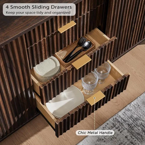 Miniatura 5 de T4TREAM Gabinete de buffet acanalado, aparador moderno de 60 pulgadas con puertas corredizas y 4 cajones, mesa de bar de café con almacenamiento