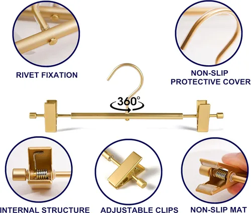 Miniatura 7 de Amber Home Paquete de 10 perchas de aluminio dorado mate de alta calidad, colgador de falda de metal extra suave y duradero de 12.2 pulgadas