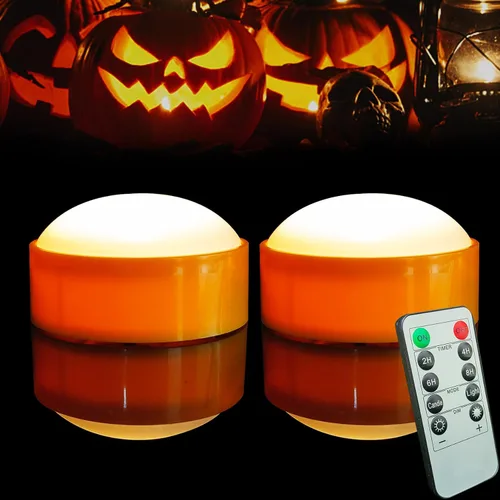 Paquete de 2 luces de calabaza de Halloween con control remoto/temporizador, velas LED que funcionan con pilas, luces naranjas sin llama, velas