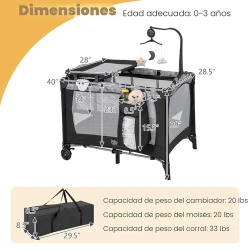 Miniatura 6 de BABY JOY 3 en 1 Pack and Play, Corralito Portátil para Bebé con Moisés, Mesa Cambiadora, Ruedas Bloqueables, Caja de Música Luminosa, Cuna Moisés