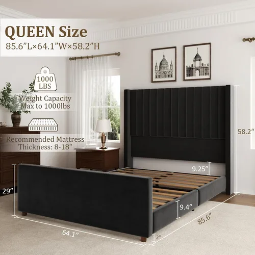 Miniatura 2 de Base de cama tamaño Queen, plataforma tapizada de terciopelo con cabecera y estribo de 62 pulgadas de alto, diseño de rayas verticales, somier Negro