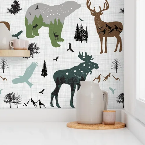 Miniatura 8 de Spoonflower Papel tapiz para despegar y pegar, diseño de animales del bosque ártico, bosque, montañas de Alaska, aventura, oso, alce, papel tapiz
