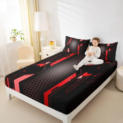 Miniatura 3 de Manfei Sábana bajera ajustable de panal rojo, tamaño matrimonial, juego de ropa de cama hexagonal geométrica de 3 piezas para decoración de Multi 07