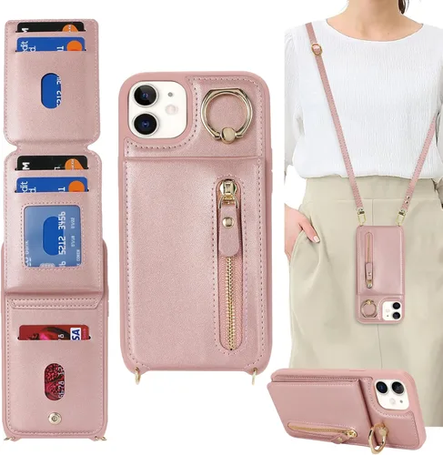 Miniatura 8 de Funda para iPhone 12 con tarjetero para mujer, para iPhone 12 Pro, funda para teléfono con correa, ranuras para tarjetas de crédito, bandolera