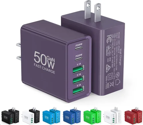 Miniatura 10 de [Paquete de 2] Cargador de pared USB C, bloque de cargador USB C de 50 W, bloques de carga rápida PD de 5 puertos, 2USB C + 3USB A enchufe