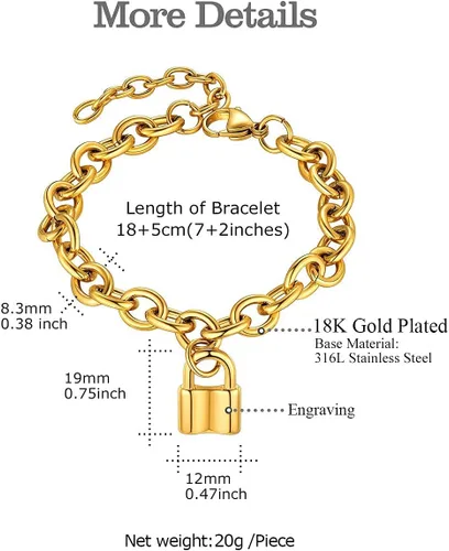 Miniatura 4 de FOCALOOK Pulseras de cadena de eslabones para mujer, pulseras personalizables, chapadas en oro de 18 quilates, pulsera con dije de bloqueo de cadena